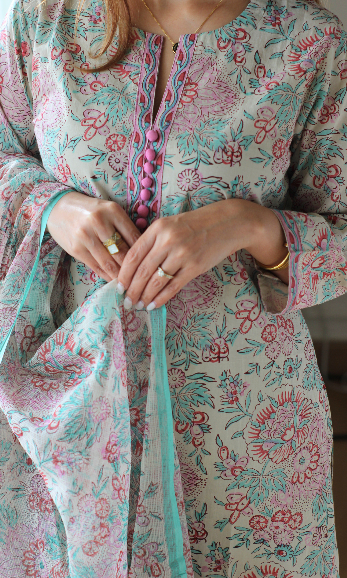 Sapna pink & aqua handblock Kurta, Pants & Kota Doria Dupatta