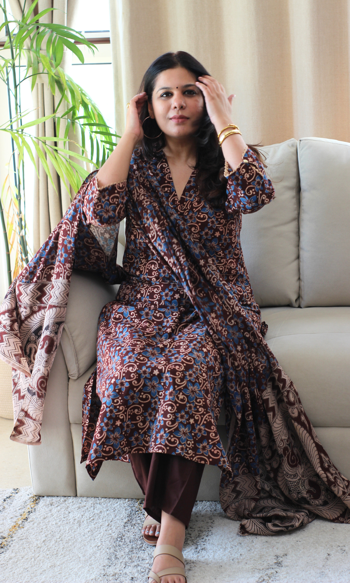 Brick Rust & Blue Handblock Kalamkari Kurta , Dupatta & Cotton Pants