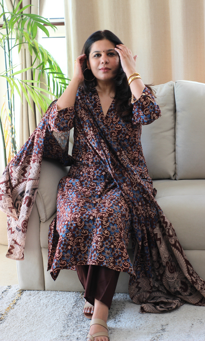 Brick Rust & Blue Handblock Kalamkari Kurta , Dupatta & Cotton Pants