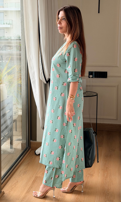 Sea Green Rose High Low Kurta and Pants