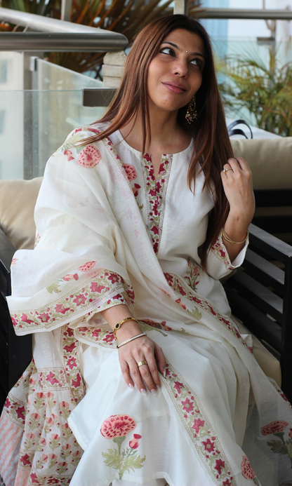 Tulika Chanderi Silk Handblock Printed Kurta , Dupatta & Cotton Pants