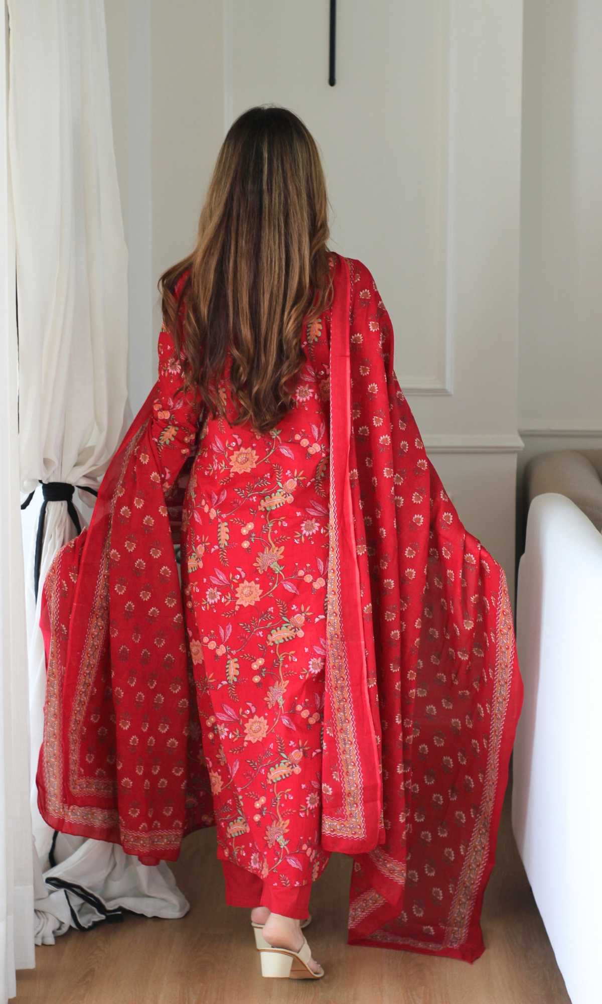 Gulbarg Lal Block Print Kurta, Dupatta & Cotton Pants