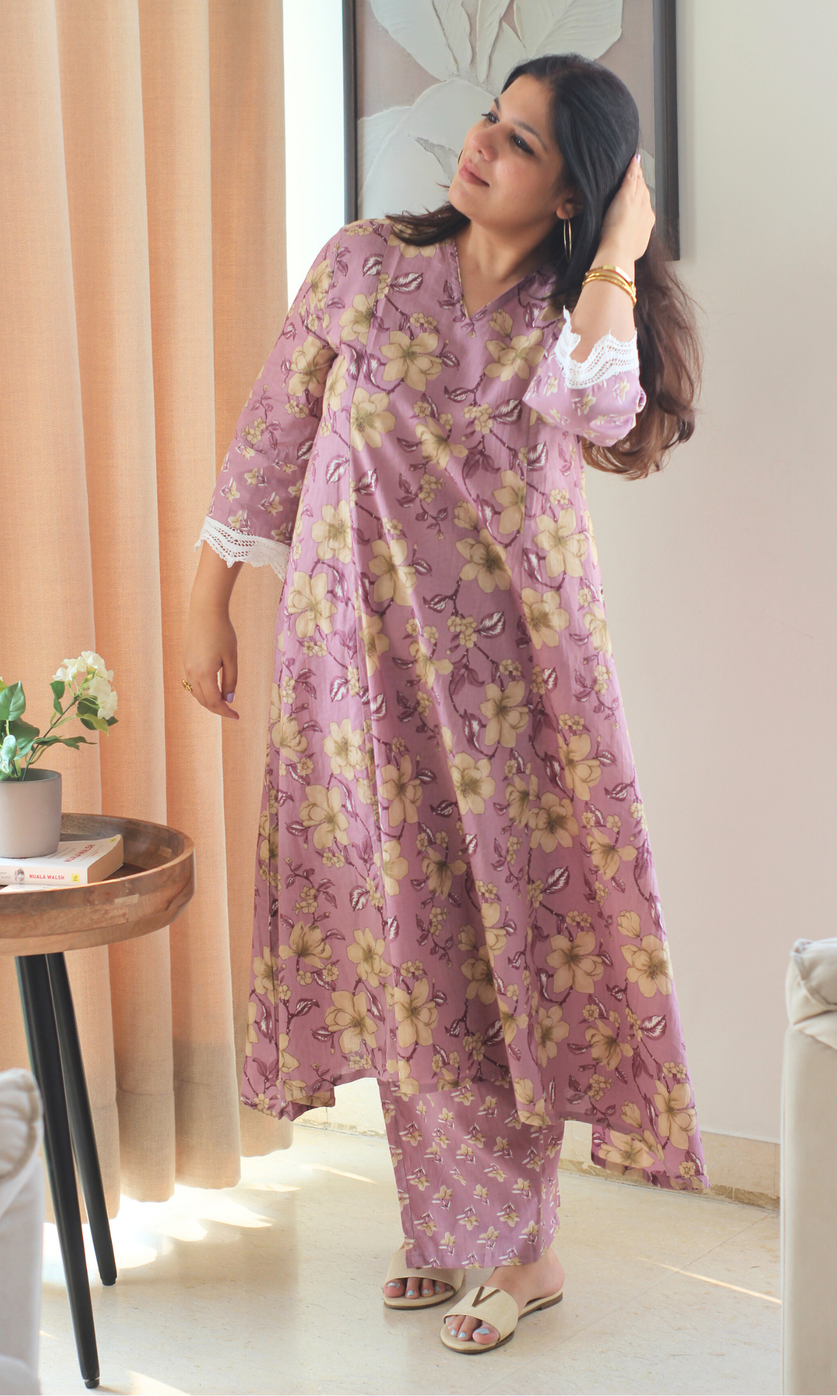 Purple Floral High Low Kurta with Palazzo