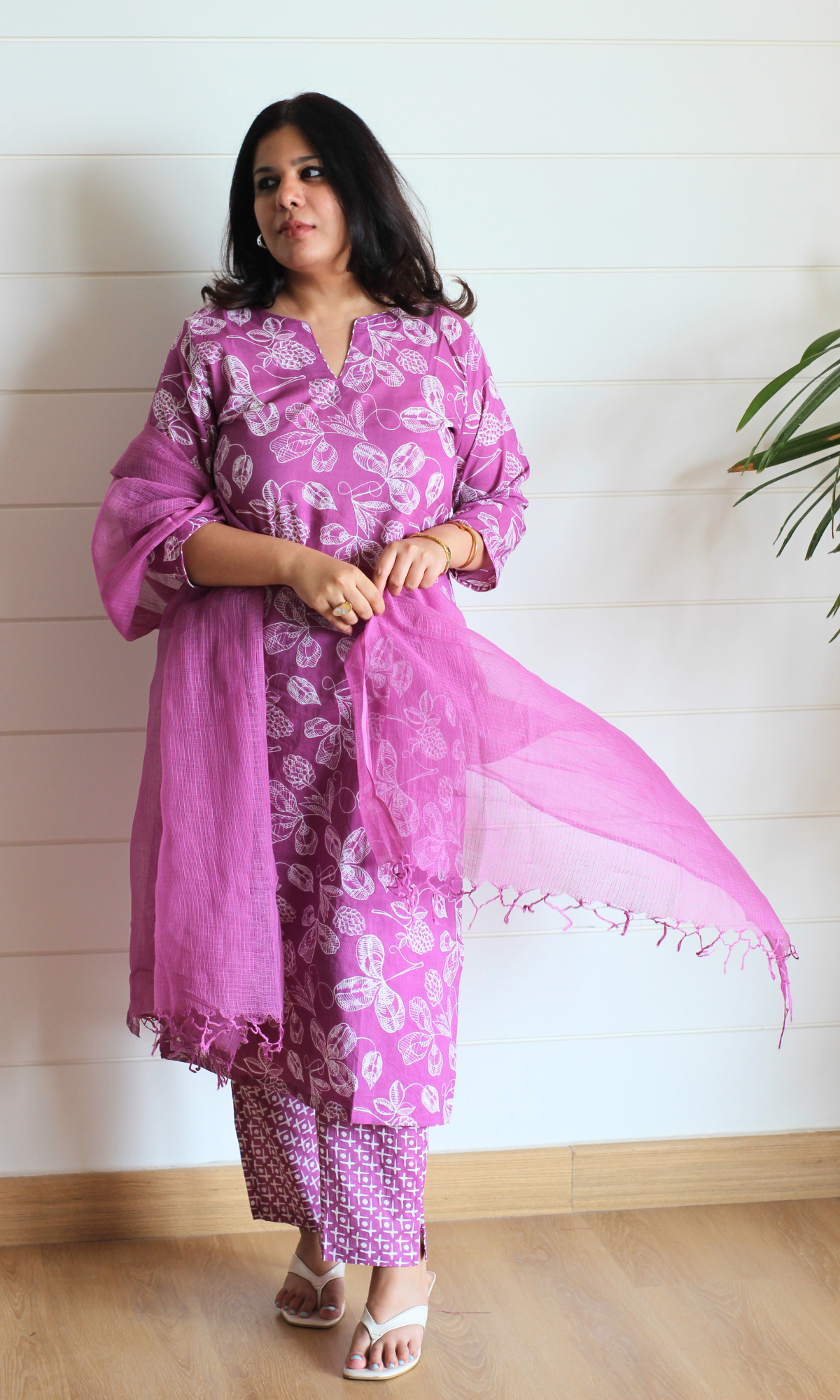 Cotton Mulberry Petal Print Kurta, Pant & Kota Doria Dupatta