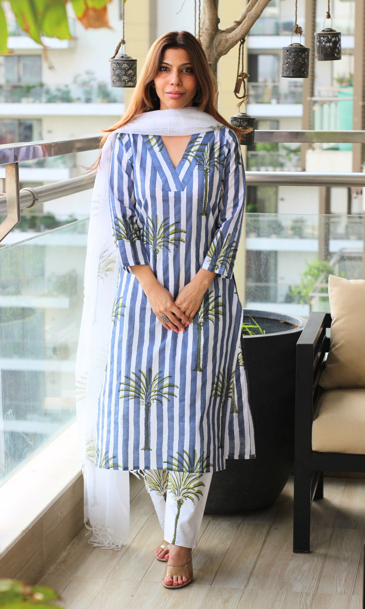 Cotton Palm breeze Handblock Printed Kurta, Pant & Kota Doria Handblock Dupatta