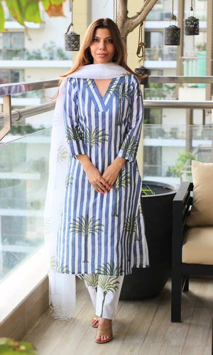 Cotton Palm breeze Handblock Printed Kurta, Pant & Kota Doria Handblock Dupatta