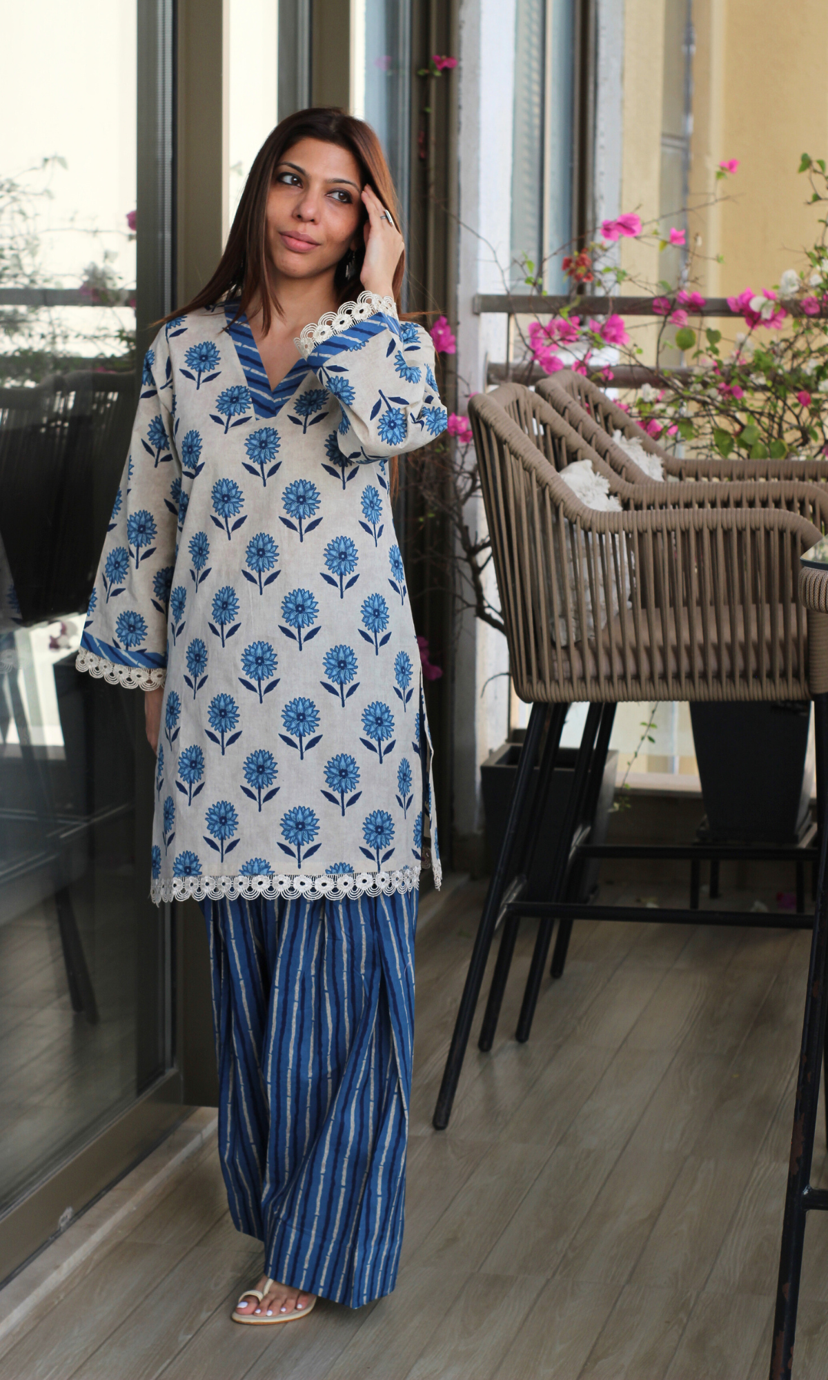 Earthy Indigo Floral Kurta with Lace Detailing & Farshi Salwaar