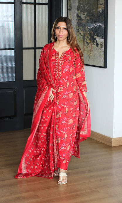 Gulbarg Lal Block Print Kurta, Dupatta & Cotton Pants