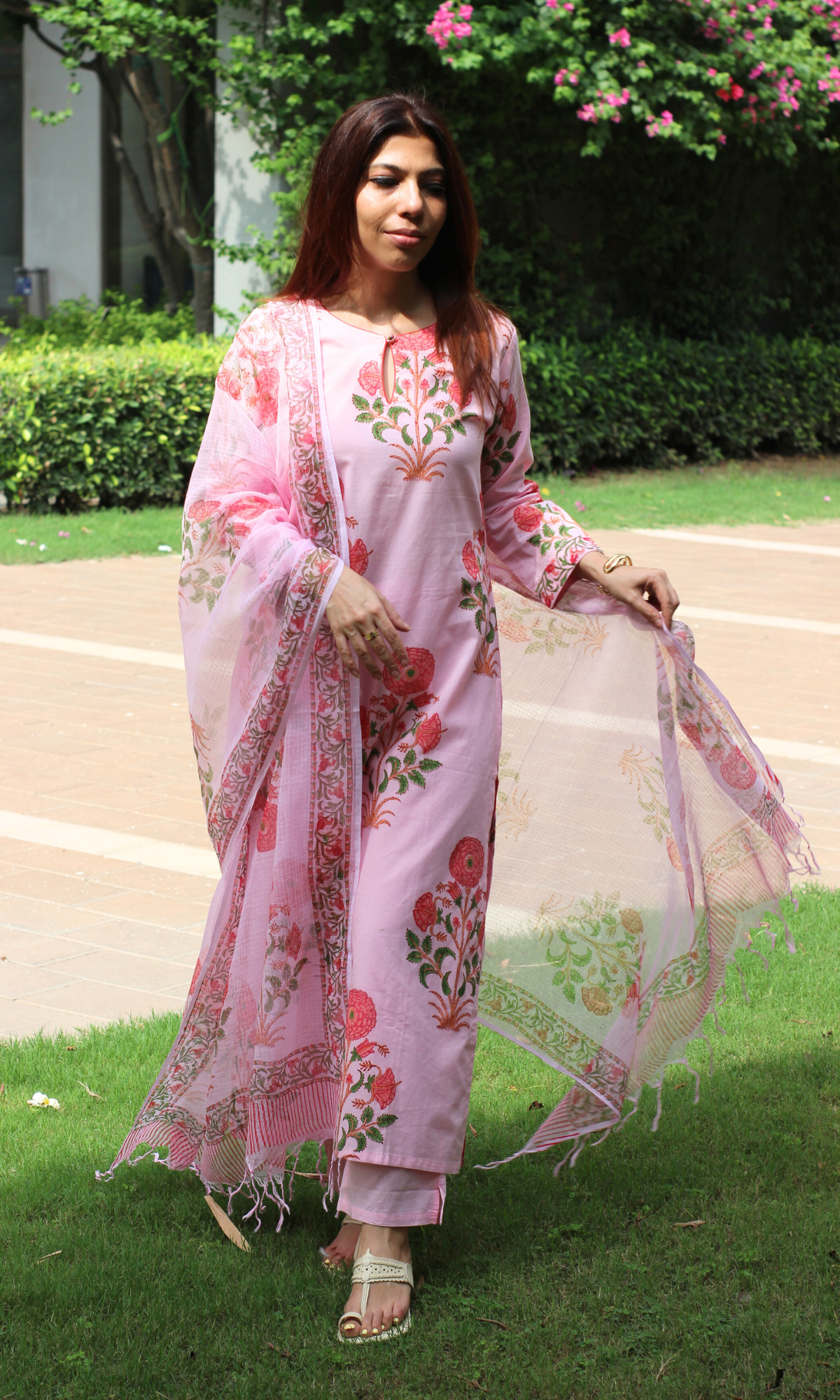 Pink Handblock Mughal Print Cotton Kurta, Pant & Kota Doria  Dupatta
