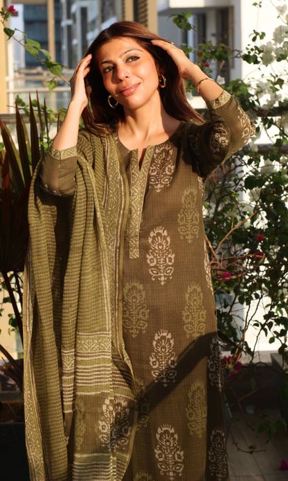 Kota Doria Olive Green Handblock Print Kurta and Dupatta with Cotton Pants