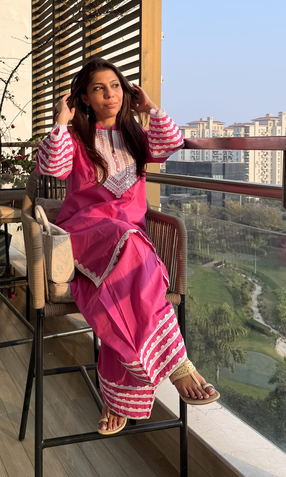 Hot Pink Afreen Thread Lace Work Cotton Kurta & Farshi Salwaar