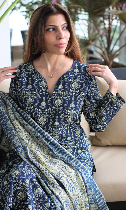 Deep Blue Cotton Jall Print Kurta, Afghani pant & Cotton Printed Dupatta