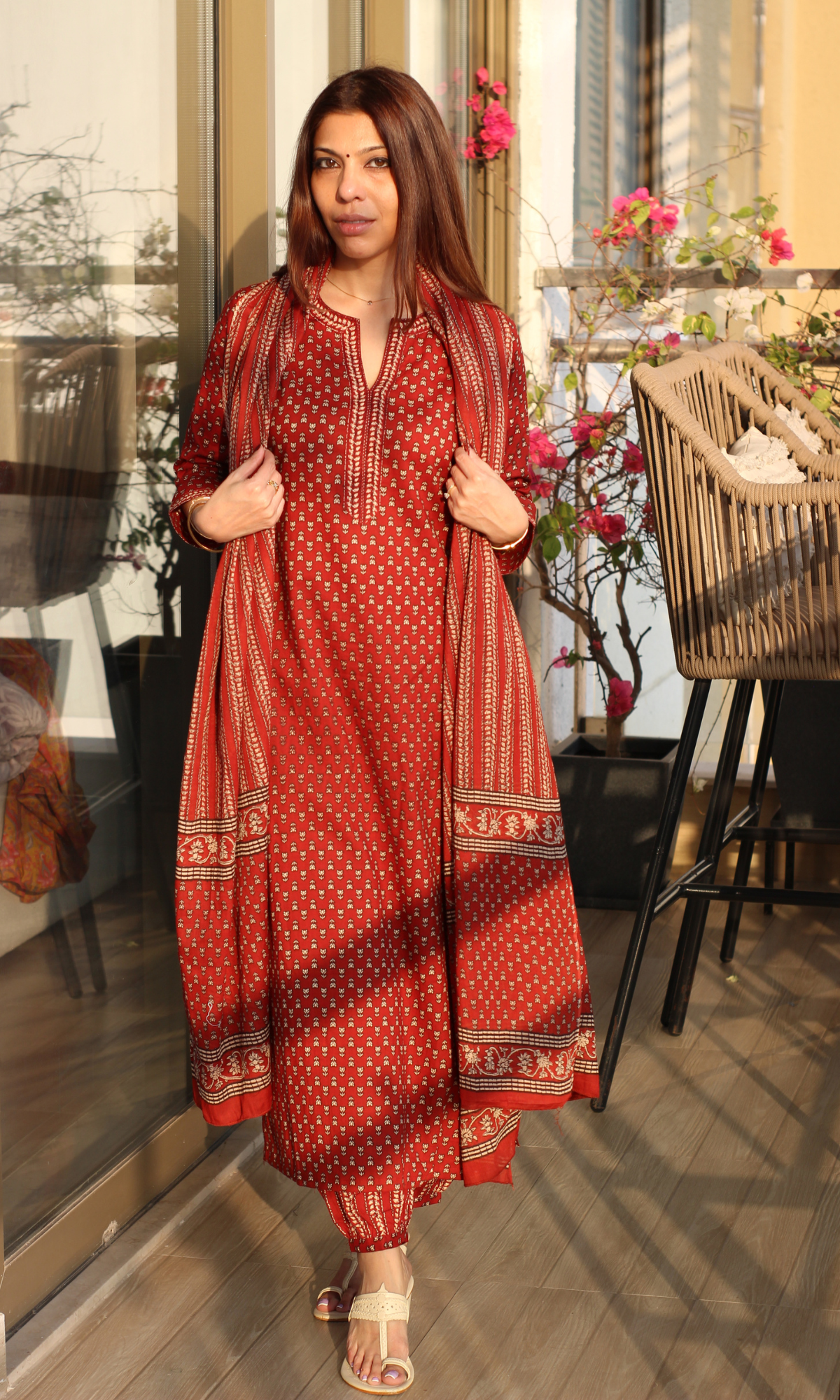 Mitti Lal Boota Ajrakh Print Kurta , Afgani Salwaar & Cotton Printed Dupatta