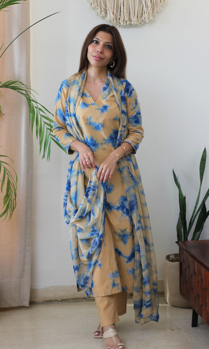 Cotton Amber Indigo African Shibori Kurta, Chiffon Dupatta & Cotton Pants