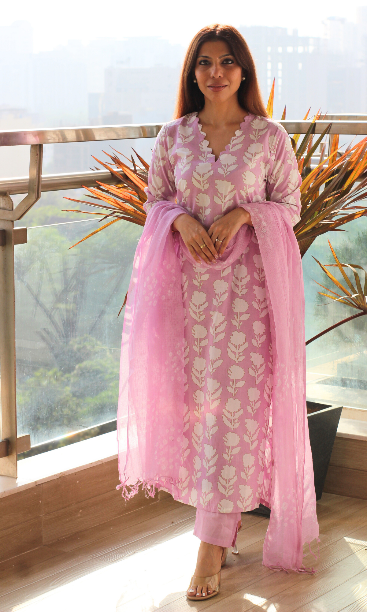 Cotton Lilac Flower Print Kurta, Solid Pants & Kota Doria Shibori Dupatta