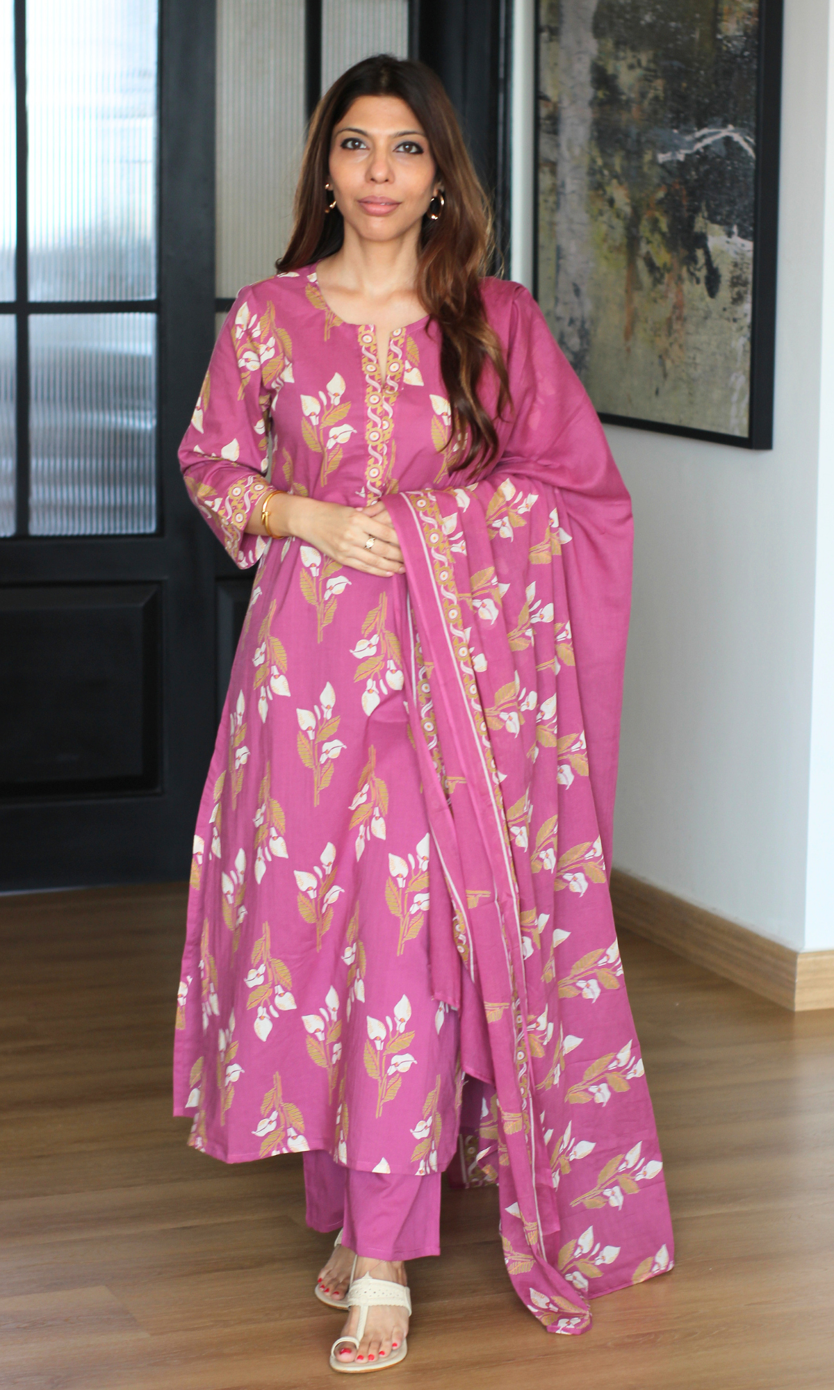 Soft Rose Petal Print Kurta, Mul Dupatta & Cotton Pants