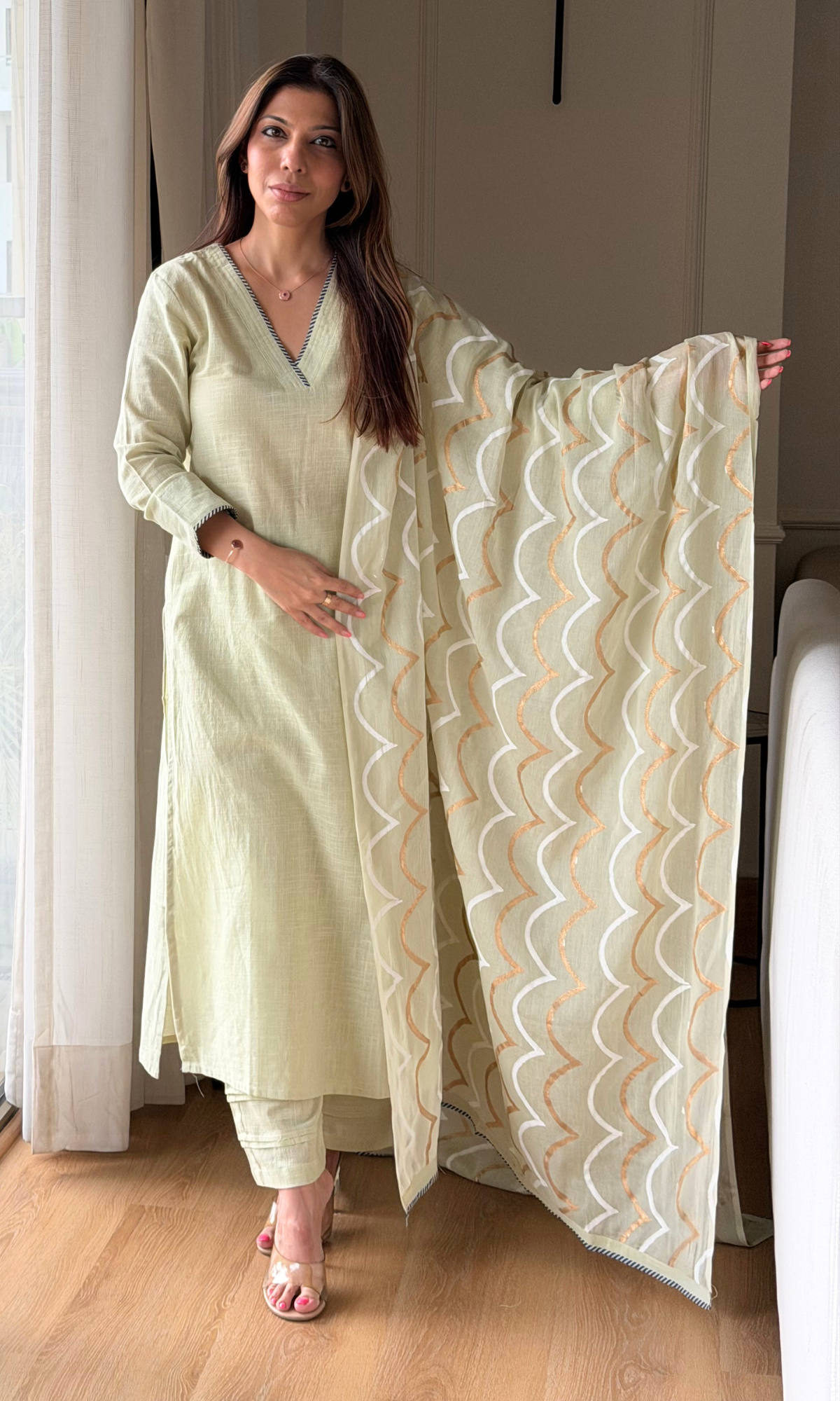 Lime Green Cotton Slub Kurta, Pants & Cotton Wave Block Print Dupatta