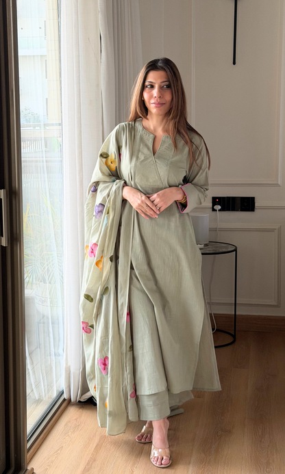 Soft Olive Garden Slub Kurta, Pant with Cotton Handbrush Painted Dupatta