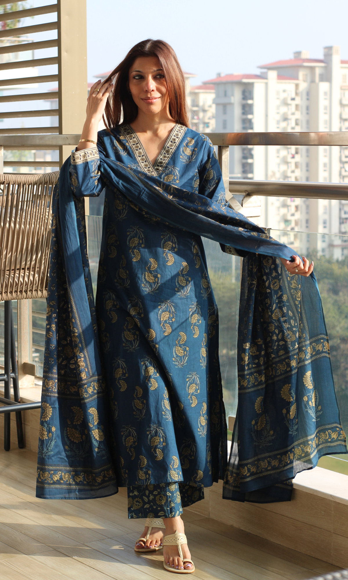 Cotton Pastel Blue Mughal Print Suit with Cotton Printed Dupatta