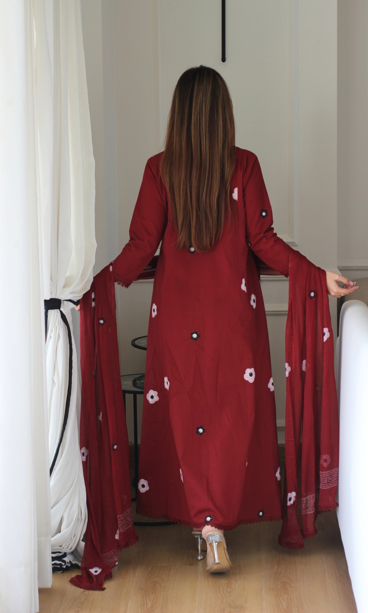 Florence Ruby A line Kurta with lace , Cotton Pants & Chiffon handpainted dupatta