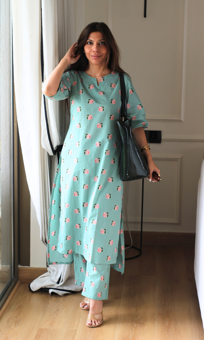 Sea Green Rose High Low Kurta and Pants