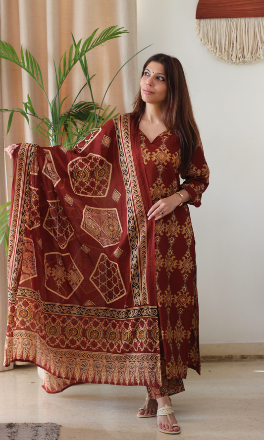 Cotton Red & Yellow Ajrakh Print Kurta, Pant & Printed dupatta