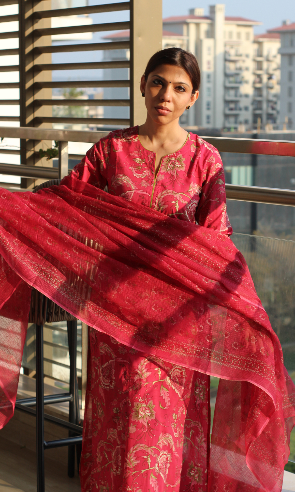 Berry Pink Jaal Print Cotton Kurta ,Pant & Kota Doria Booti Dupatta