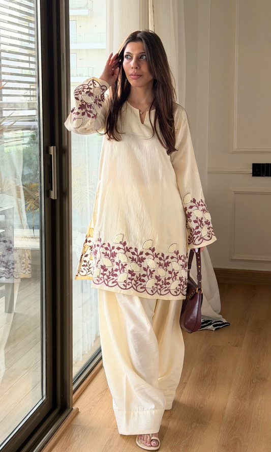 Ivory Vine Towel Embroidered Kurta with Farshi Salwaar