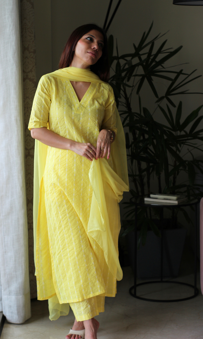 Lemon Zest Cotton Kantha Kurta, Pant & Chiffon Dupatta