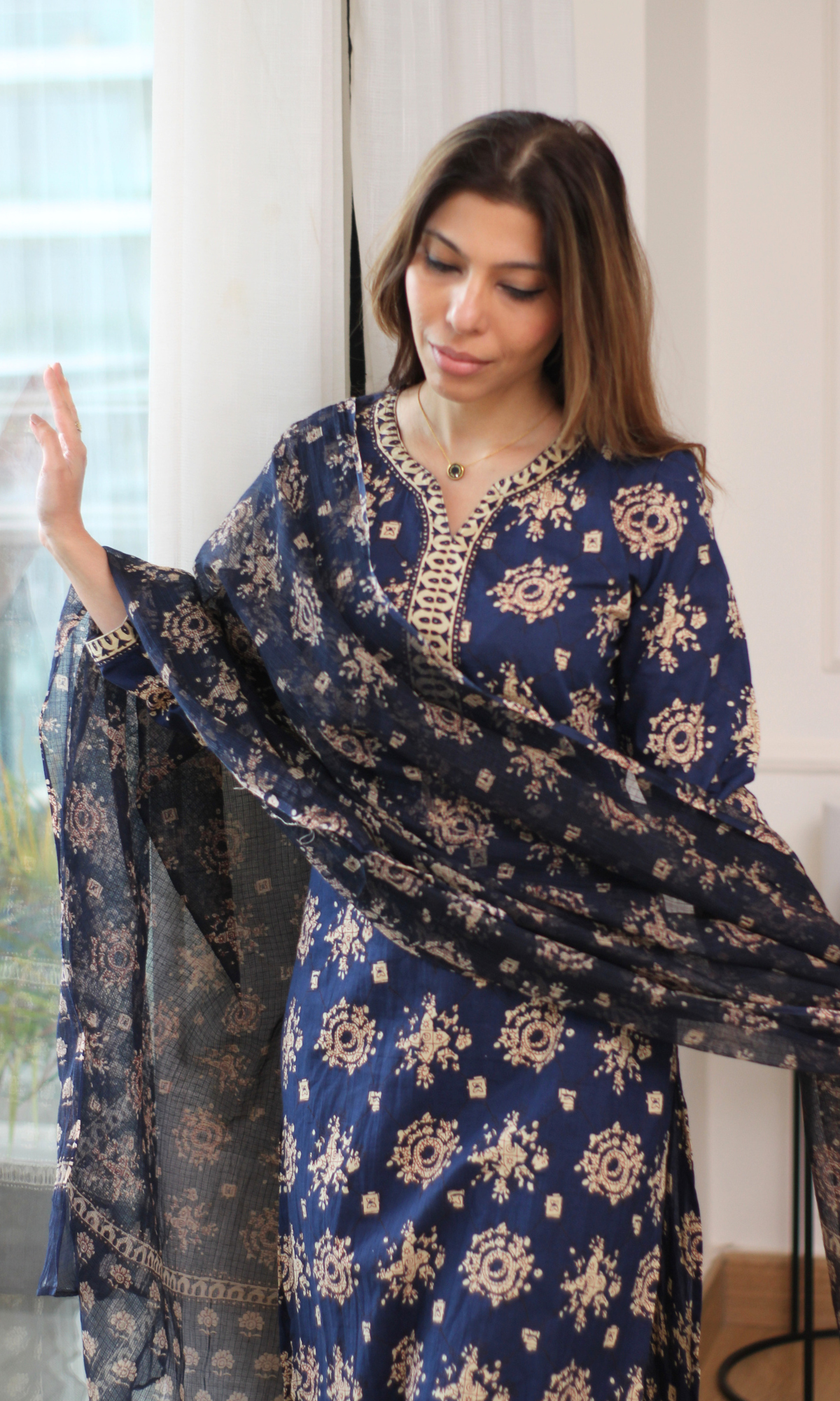 Neelofar Block Print Kurta, Pant & Kota Doria Printed Dupatta
