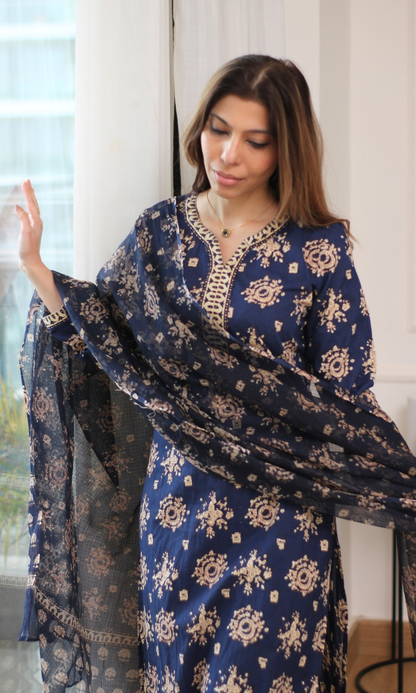 Neelofar Block Print Kurta, Pant & Kota Doria Printed Dupatta