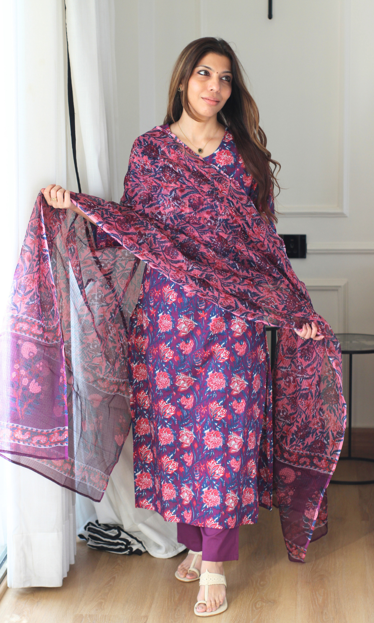 Bageecha Block Print Cotton Kurta, Pant & Kota Doria Printed Dupatta