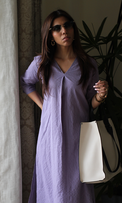 Lavender Kantha Cotton Pleated Kurta & Pant
