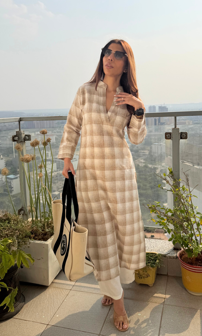 Linen Blend Beige Checked Kurta with Cotton Pants