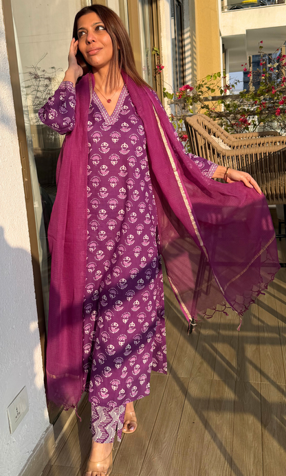 Cotton Orchid Block Printed Suit Set with Kota Doria Dupatta