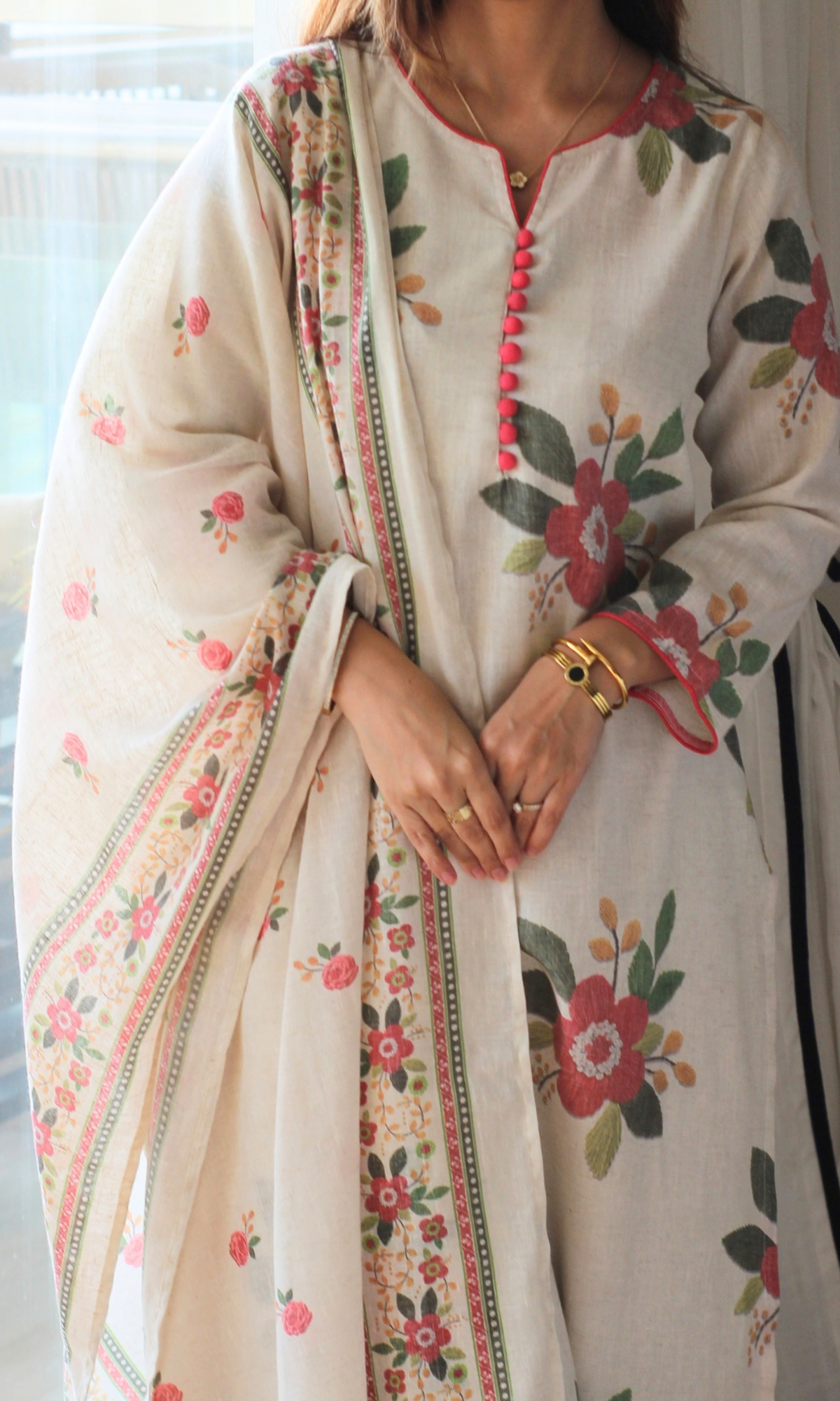 Ivory Cotton Rose Pink Floral Print Kurta, Pants & Dupatta