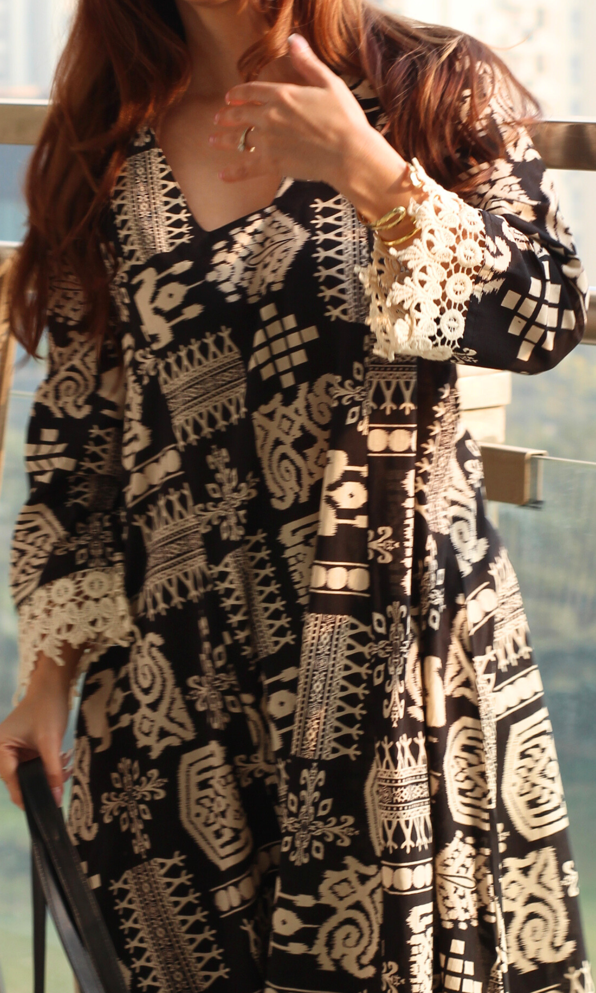 Black Tribal Printed High Low Cotton Kurta with Pants