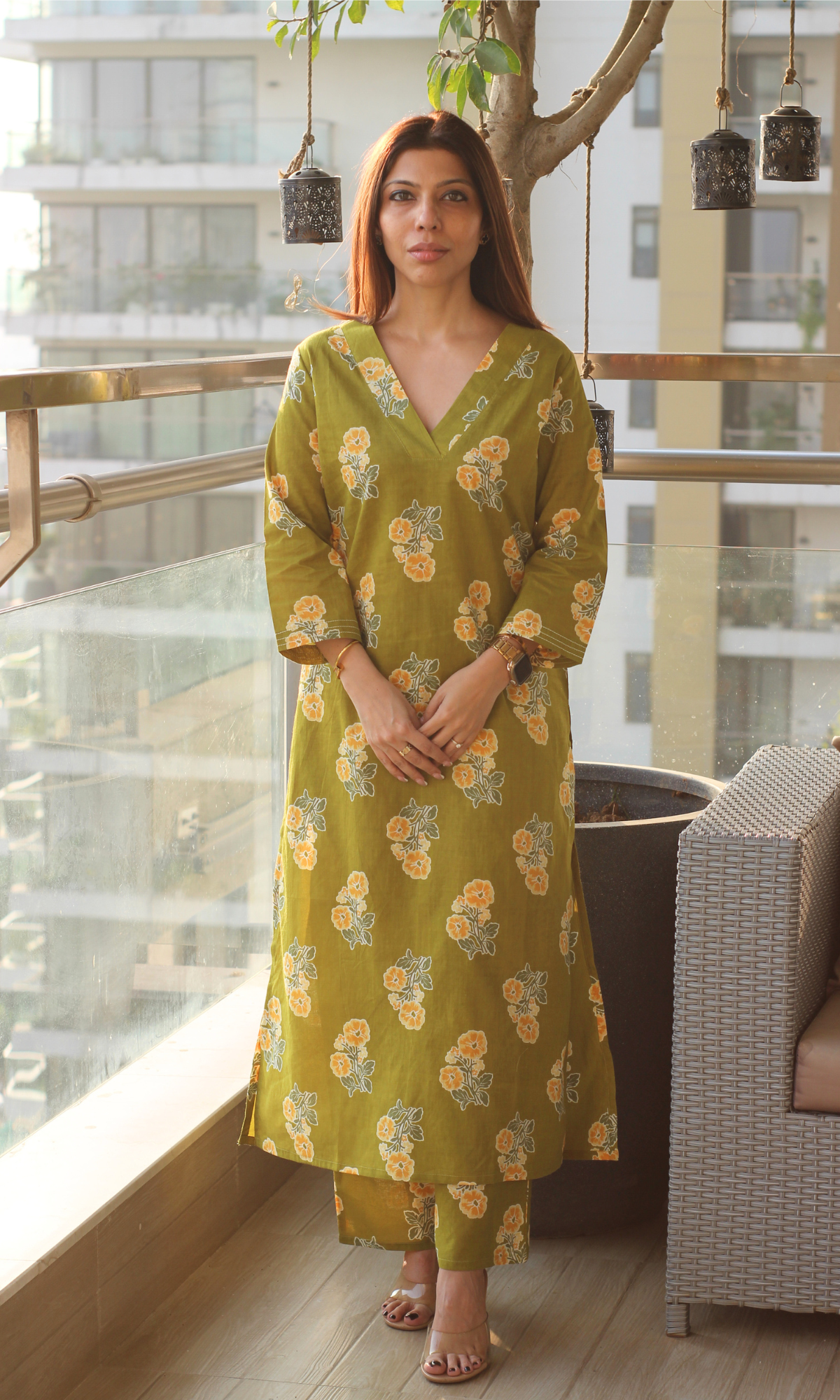 Sunlit Olive Flower Block Print Kurta & Pant