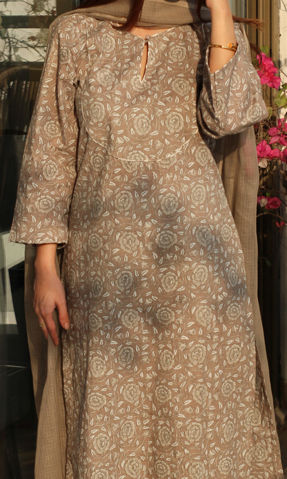 Cotton Kashish Block Printed Kurta, Pant & Kota Doria Dupatta