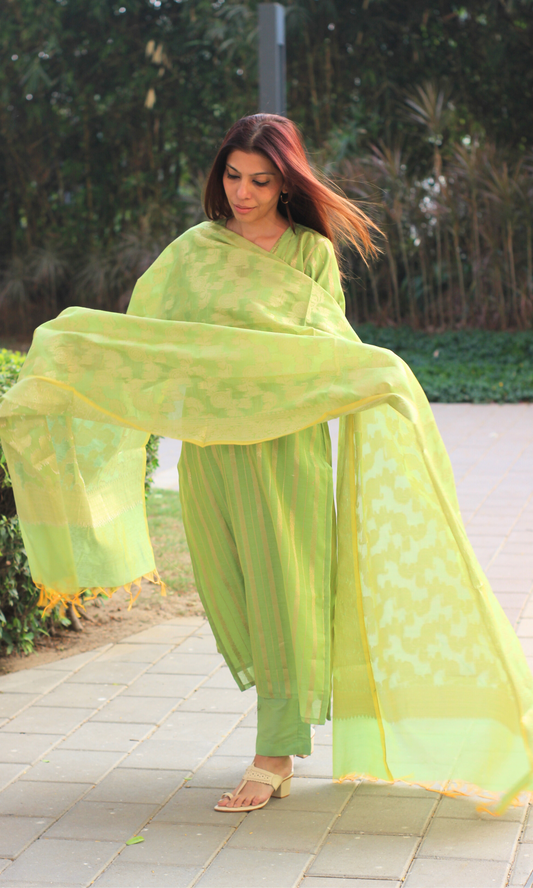 Banarasi Lime Green & Gold Zari Kurta with Dupatta & Plain Pants