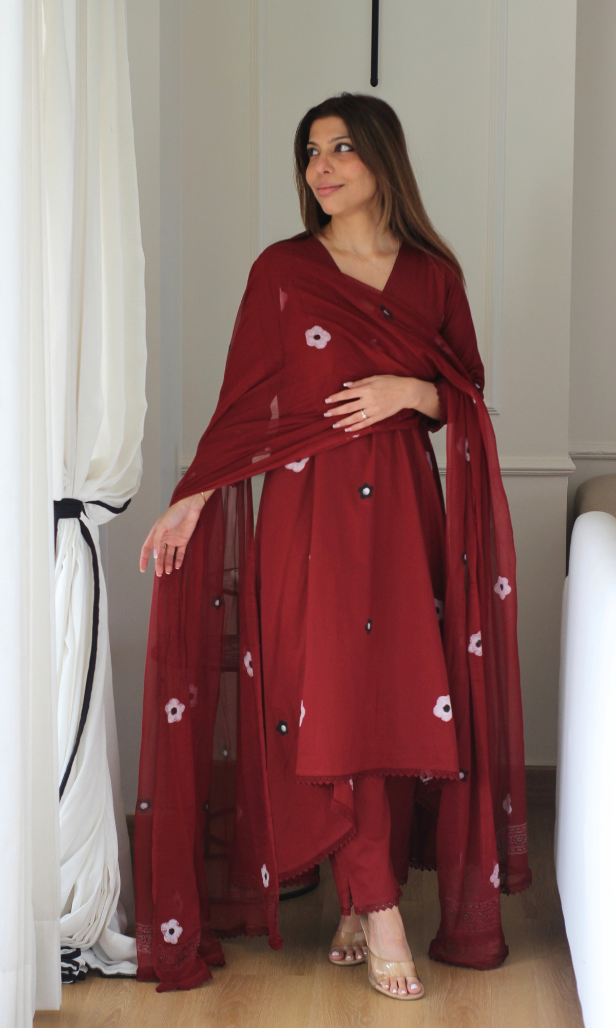 Florence Ruby A line Kurta with lace , Cotton Pants & Chiffon handpainted dupatta