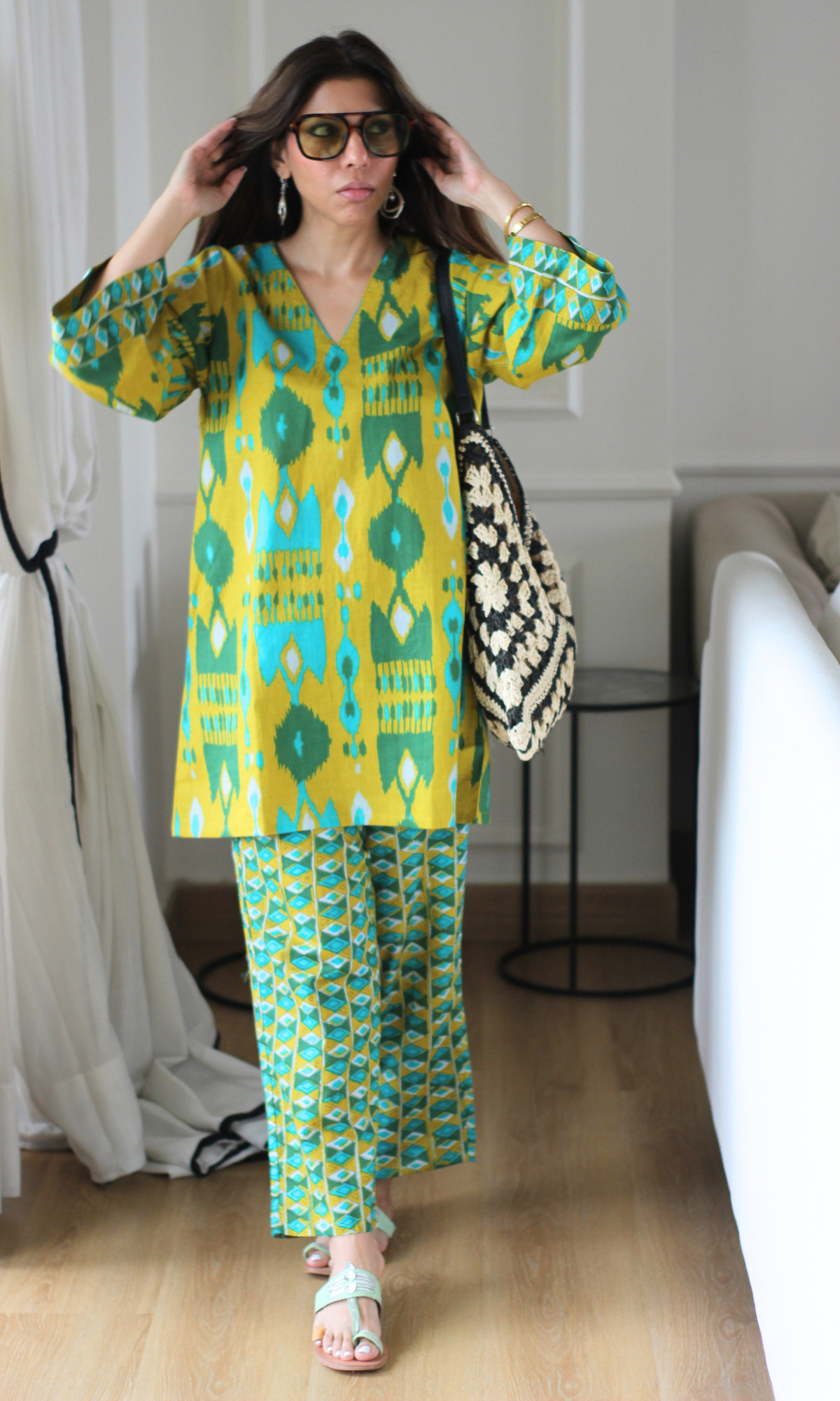 Yellow Geometric Anti Fit Kurta & Printed Pants