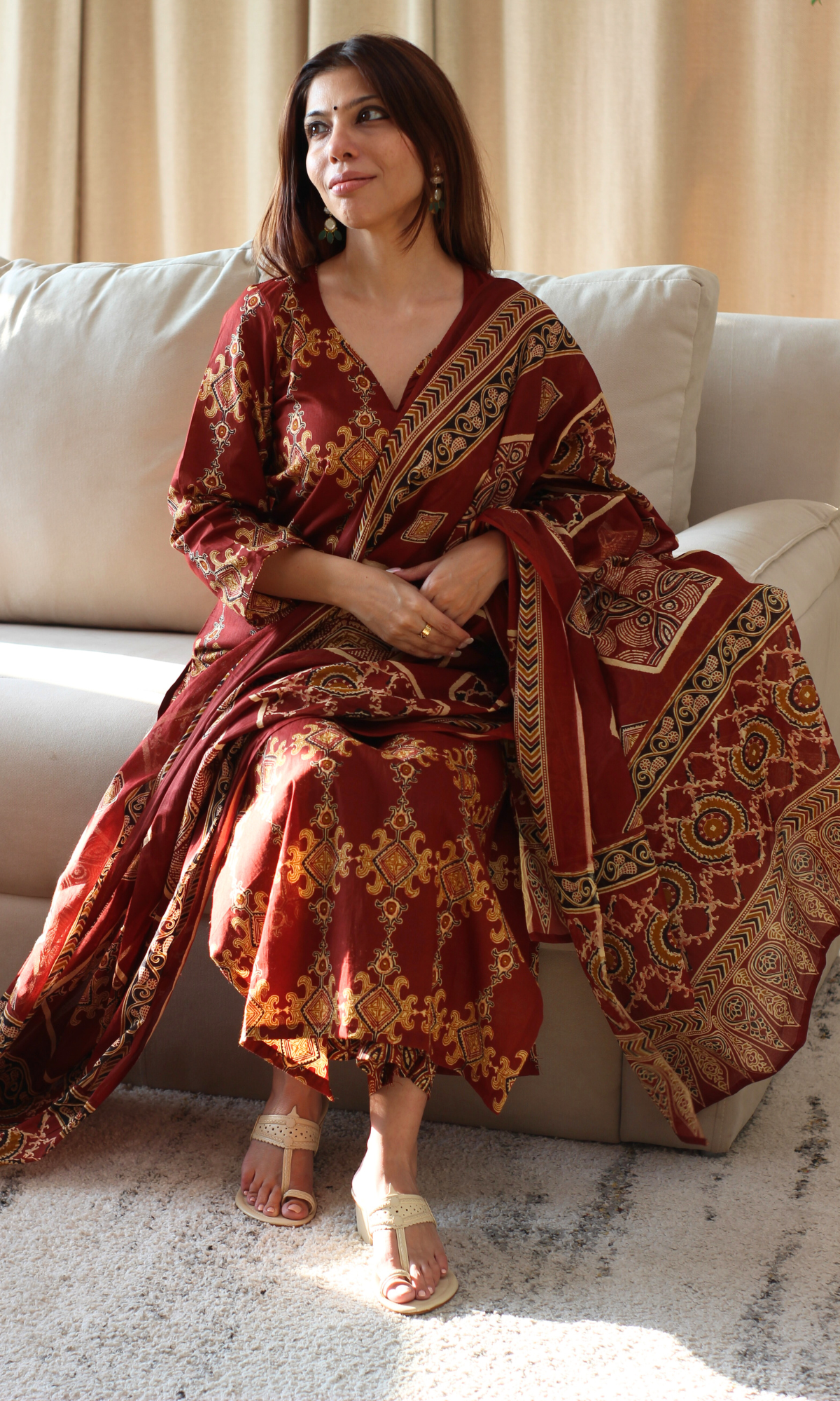 Cotton Red & Yellow Ajrakh Print Kurta, Pant & Printed dupatta