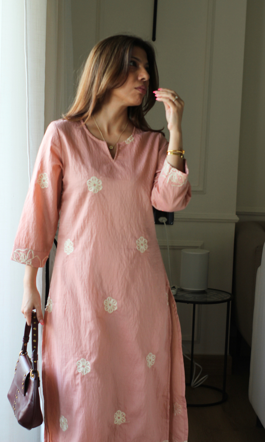 Peach Flower Embroidered Kurta & Pant