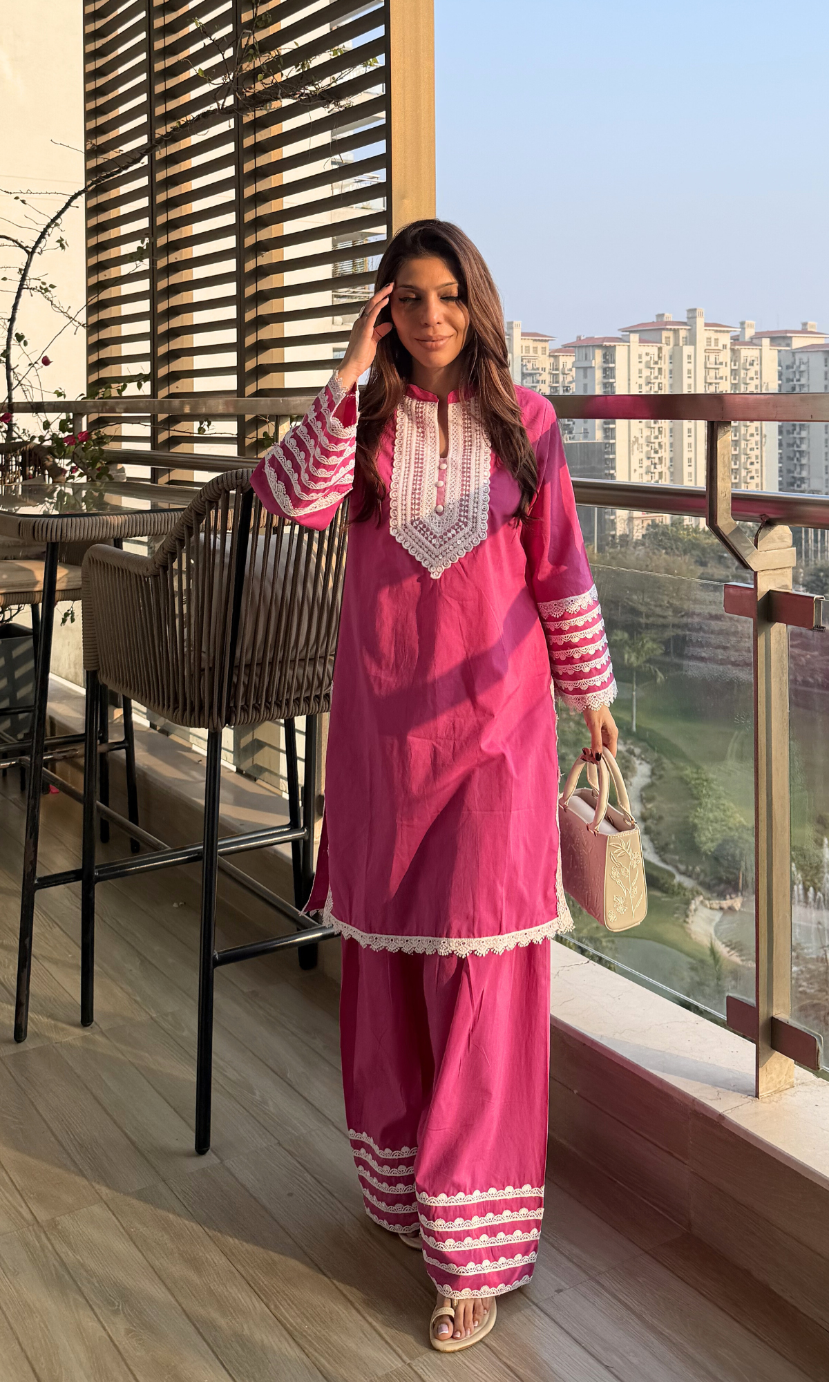 Hot Pink Afreen Thread Lace Work Cotton Kurta & Farshi Salwaar