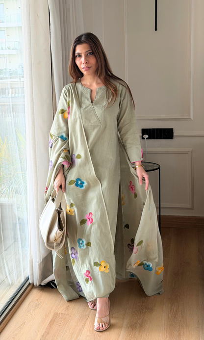 Soft Olive Garden Slub Kurta, Pant with Cotton Handbrush Painted Dupatta