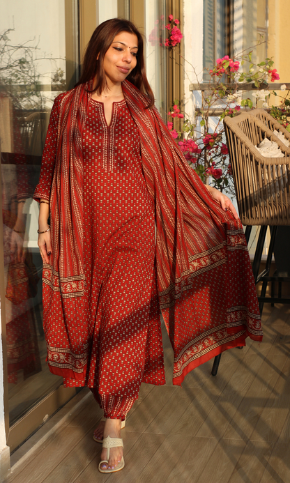 Mitti Lal Boota Ajrakh Print Kurta , Afgani Salwaar & Cotton Printed Dupatta