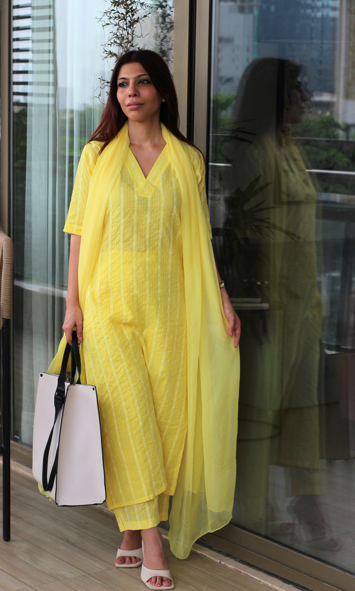 Lemon Zest Cotton Kantha Kurta, Pant & Chiffon Dupatta