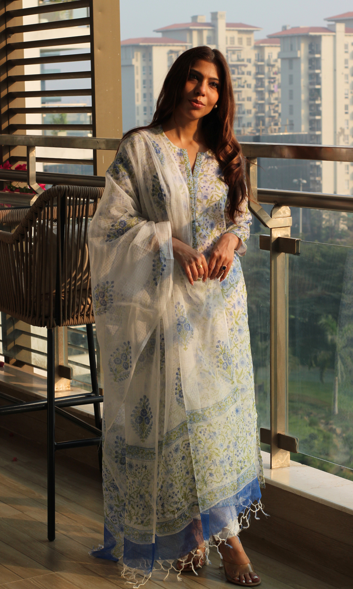 Kota Doria Morning Mist Kalamkari Kurta, Dupatta & Cotton Pants
