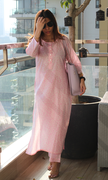 Cotton Baby Pink Printed Kurta & Pant